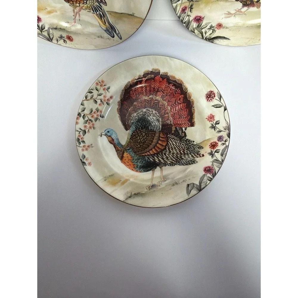 Pottery Barn Fresco‎ Birds Salad Plates - Set of 3 (Turkey, Pheasant, Quail)